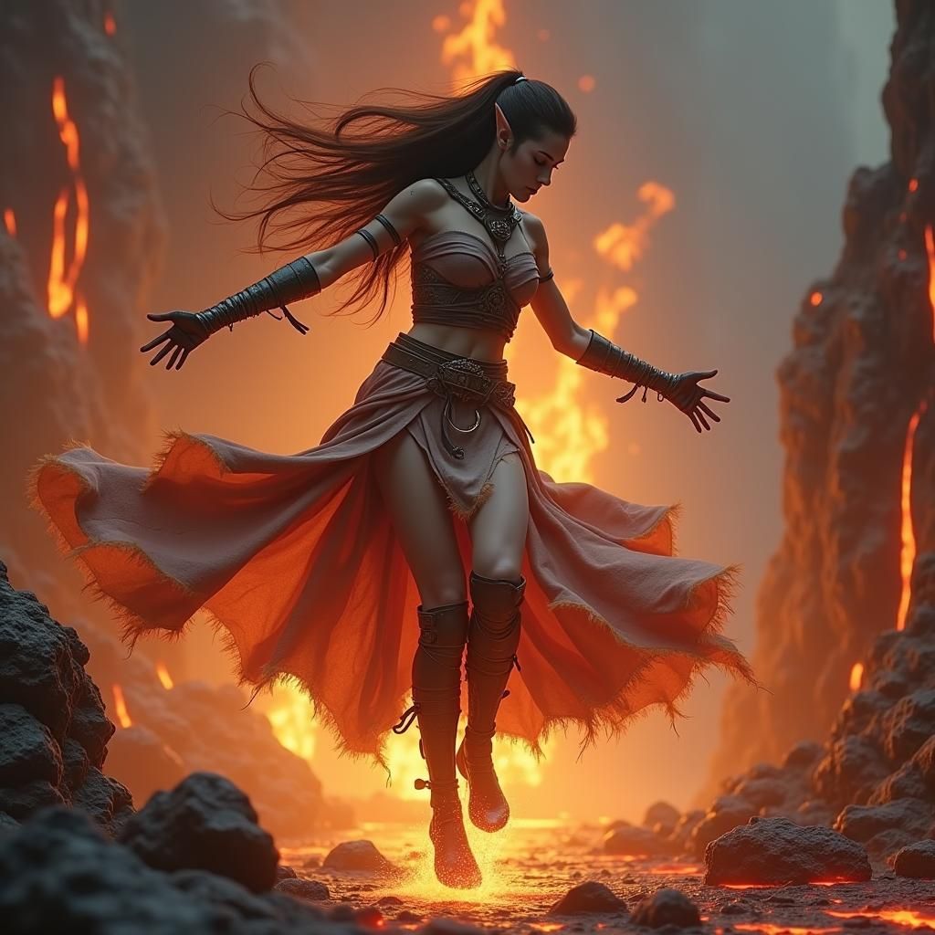 Elf Maiden Dancing in Fiery Volcano Landscape
