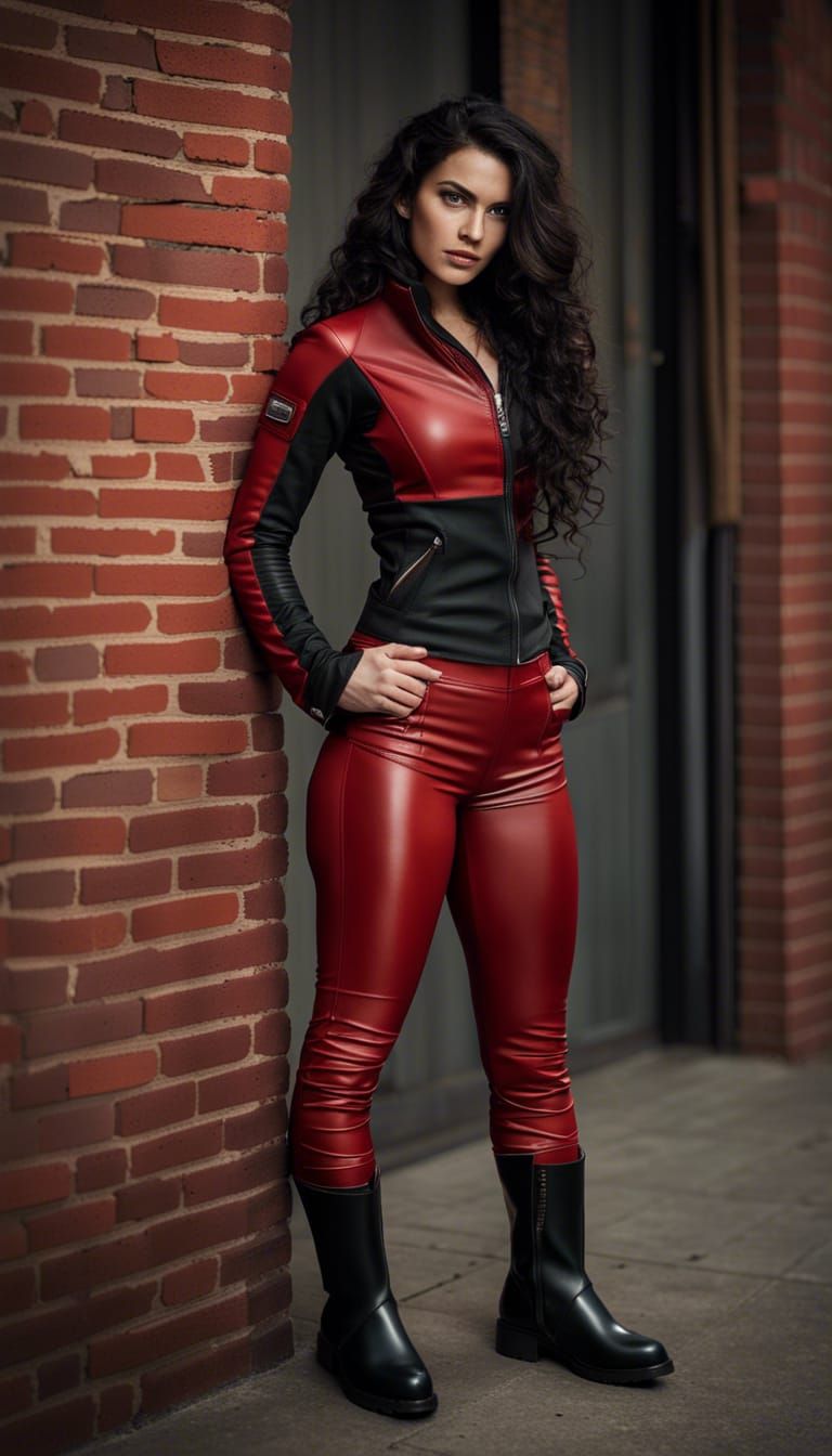 Athletic Woman in Red Latex Outfit