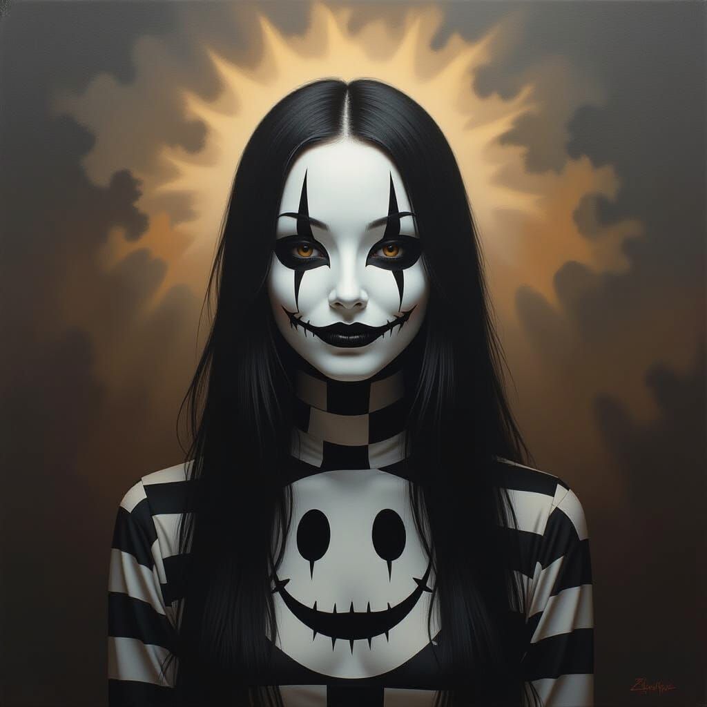 Surrealist Painting of Girl with Smiley Mask and Abyss Cloth...