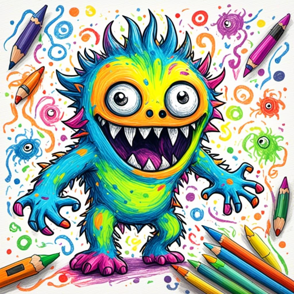 Cute Little Monster in Childhood Crayon Style