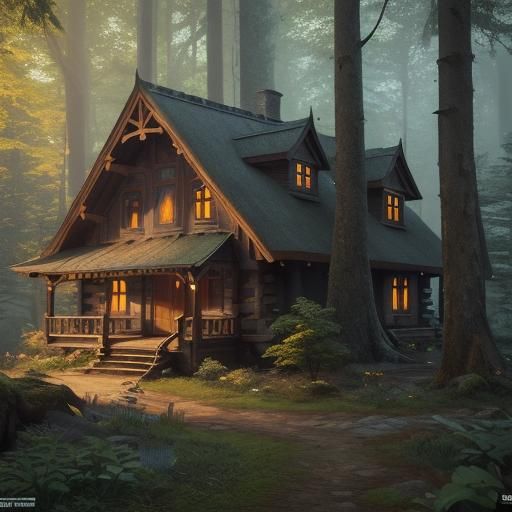 Fantastical Cottage in Forest: Detailed Matte Painting