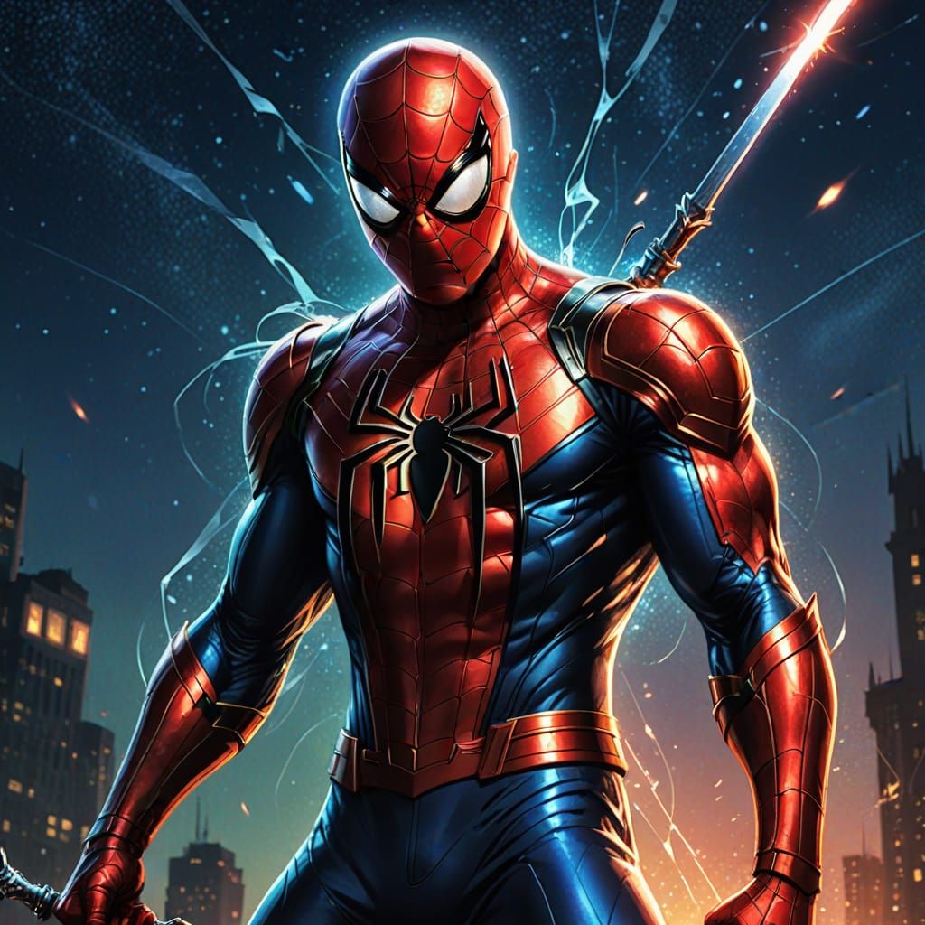 Spider-Man with Sword and Starbow: Comic Book Art