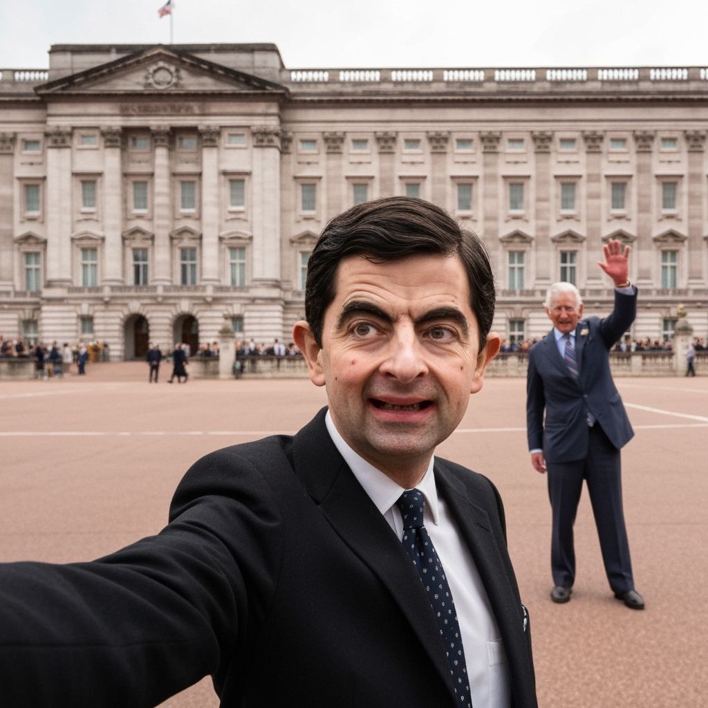 Mr Bean taking a selfie outside Buckingham Palace with  King Charles waving behind him