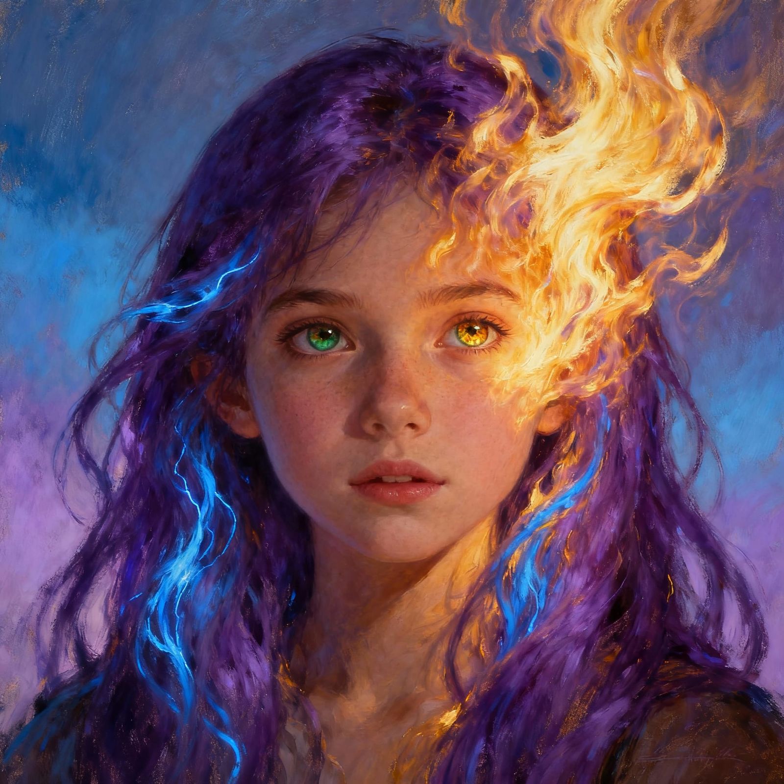 Girl with Fiery Purple Hair and Hazel Eyes