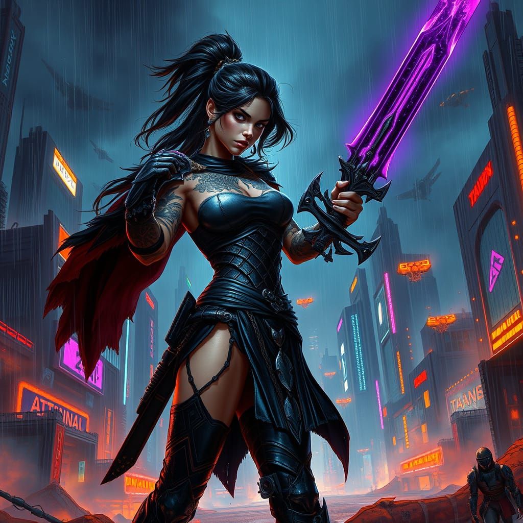 Cyberpunk Warrior Goddess with Tribal Tattoos and Glowing Sw...