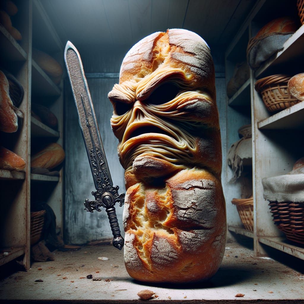 Anthropomorphic Baguette Warrior in Dystopian Cupboard