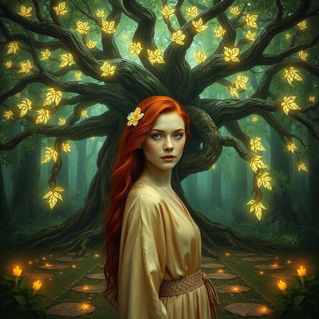 Majestic Redheaded Woman Amidst Glowing Tree in Enchanted Fo...