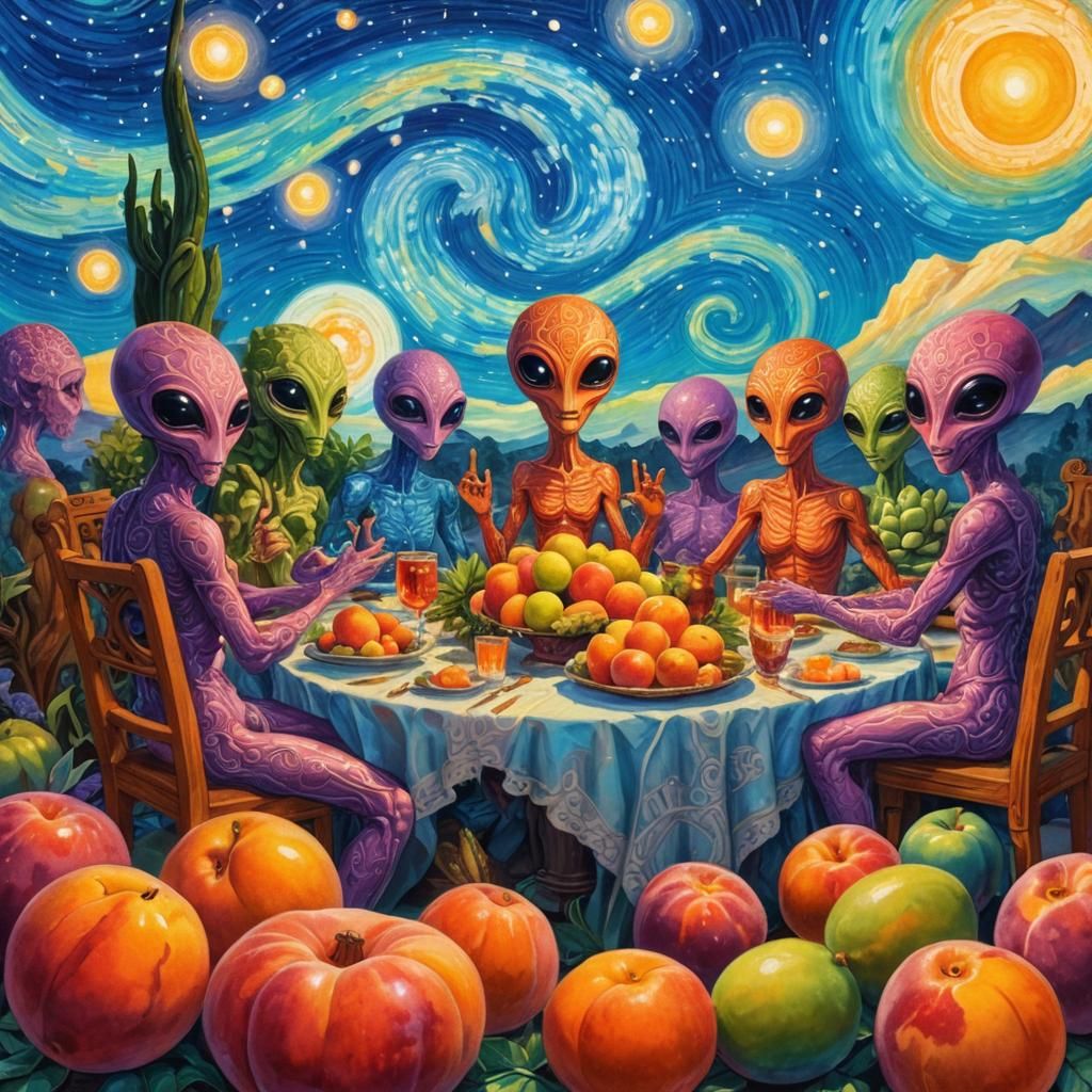 Extraterrestrial Gathering with Peaches in Van Gogh Style