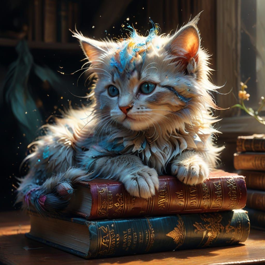 Fluffy Kitten Sleeps on Antique Books in Warm Light