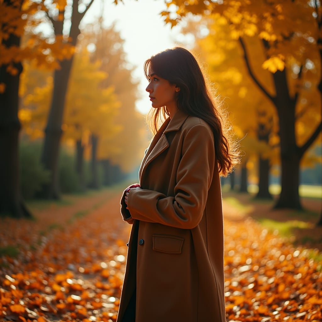Autumn Woman in Golden Light, Cinematic Film Still