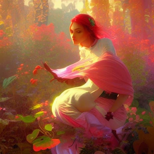 Girl with Mushrooms in Rococo Art Nouveau Style