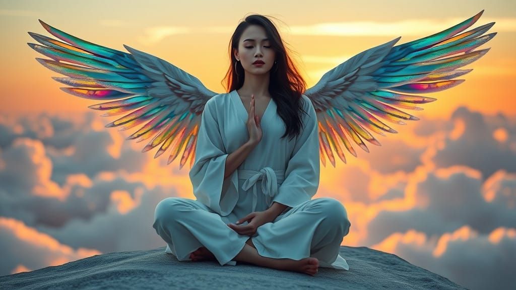 Serene Winged Goddess in Celestial Landscape