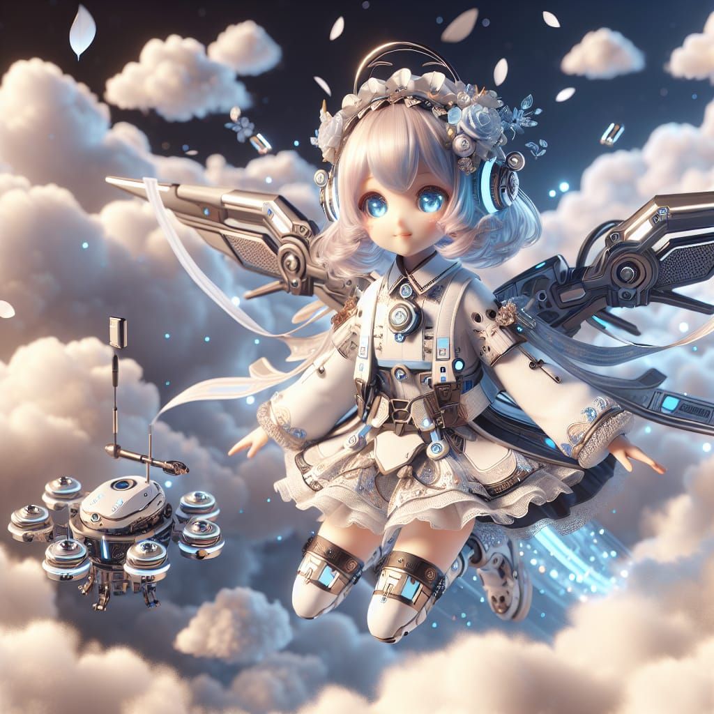 Adorable Girl in Robotic Outfit Floating in Clouds