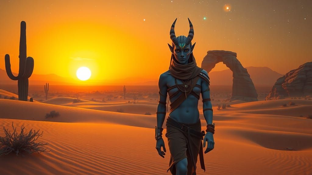 Na'vi Nomad in Alien Desert at Sunset
