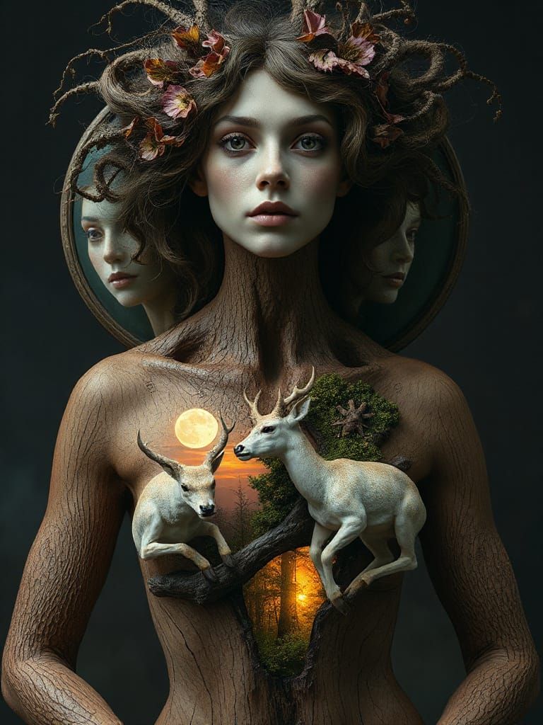 Mystical Woman with Forest Torso, Dreamlike Art