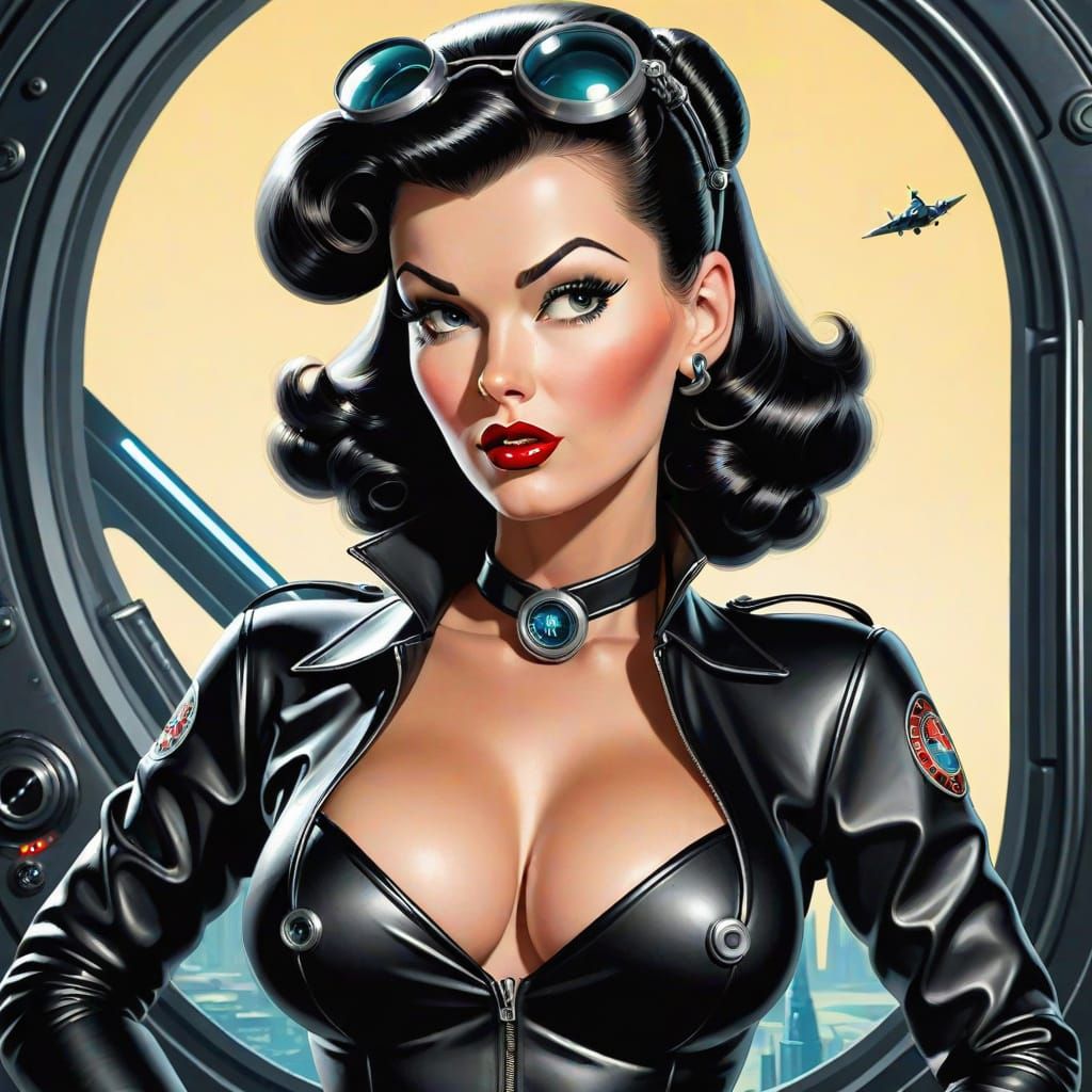 Futuristic Spy Girl in Black Leather Outfit