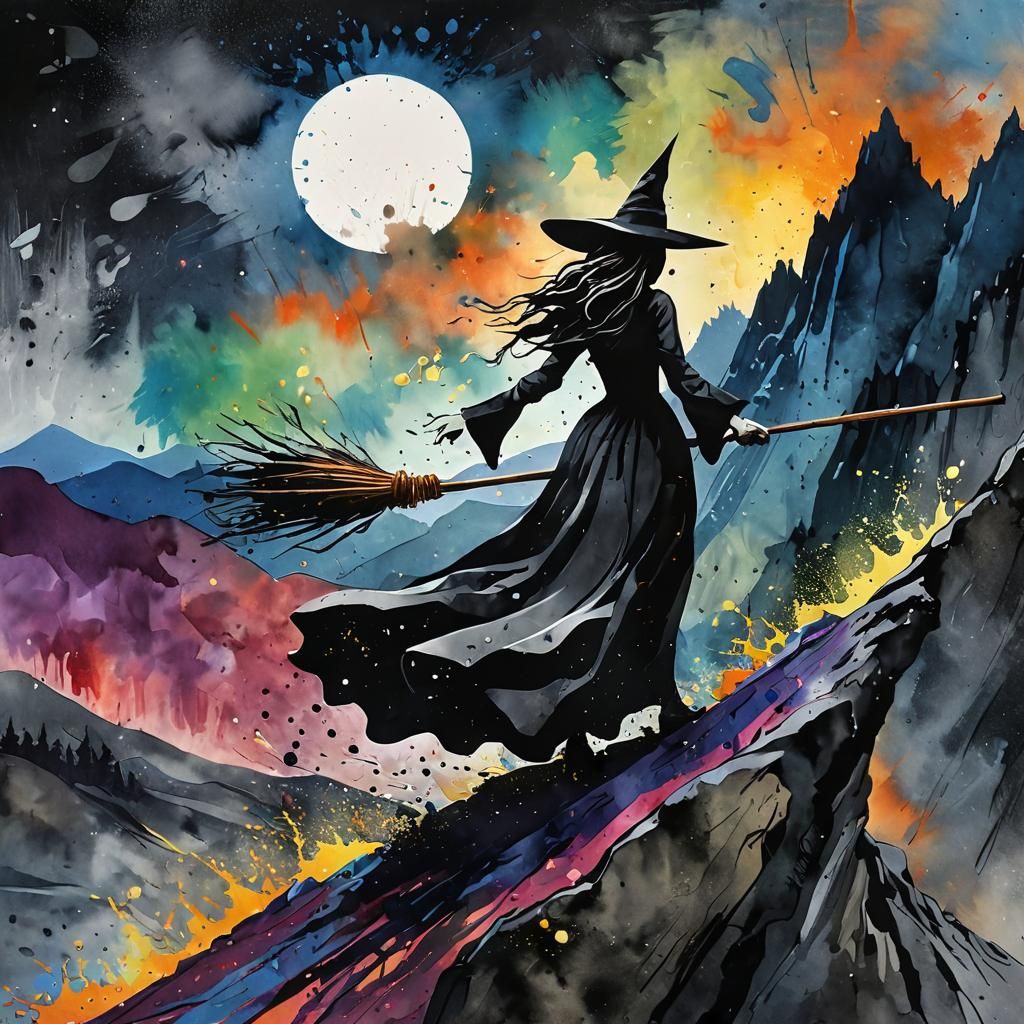 Witch Soaring Over Moonlit Mountains in Neo-Impressionist St...