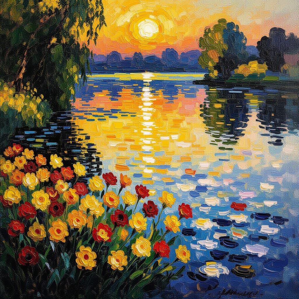 Monet-Inspired Lake with Yellow Flowers