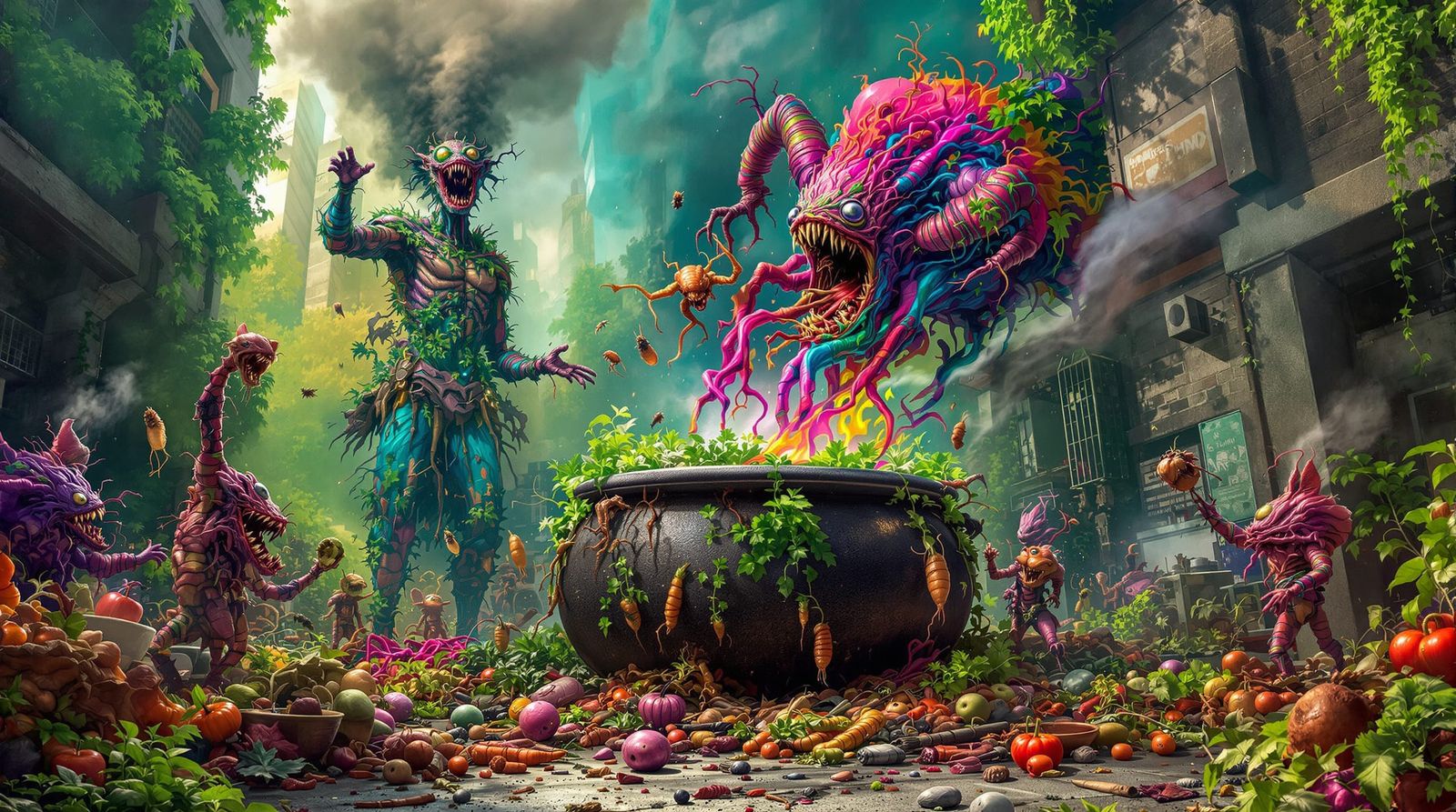 Surreal Urban Cauldron Feast with Mutant Figures