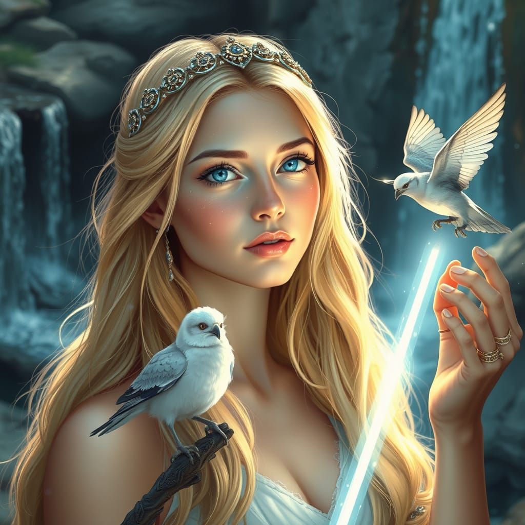 Enchanted Sorceress of Light, Long Blonde Hair, Sparkling Sa...