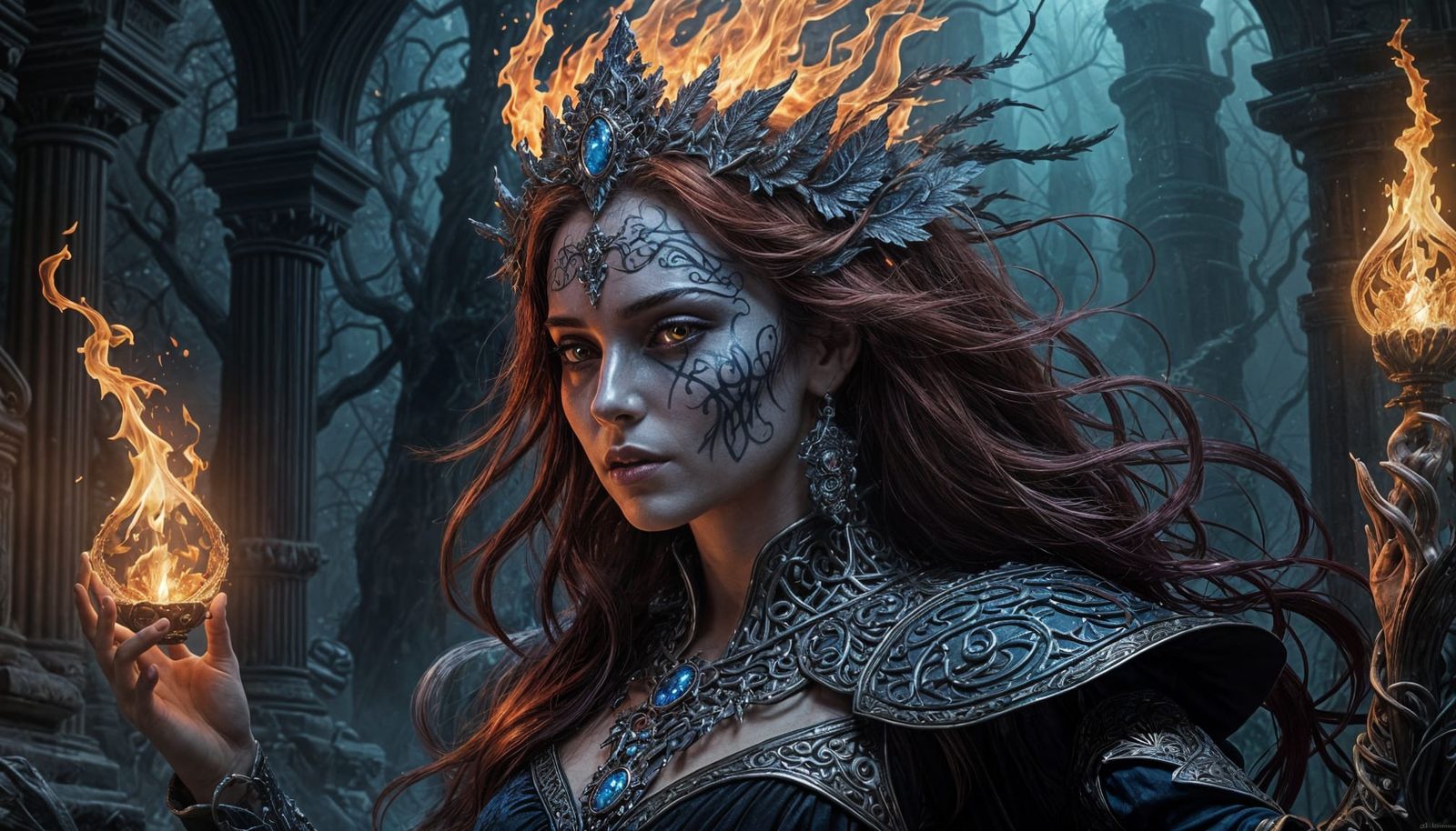 Fantasy Sorceress Animates Skeleton Warrior in Glowing Chamb...