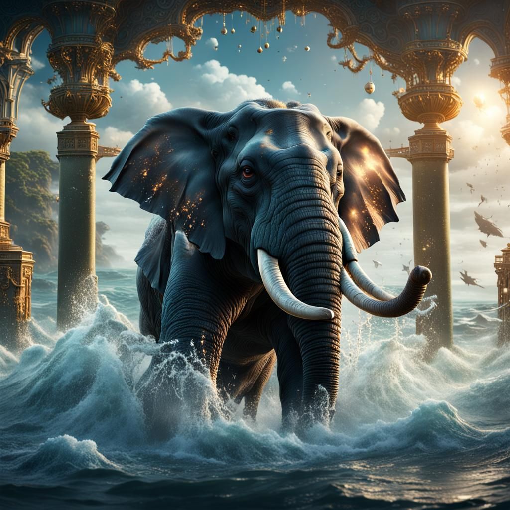 Elephant Bathing in Ocean: Detailed Fantasy Art