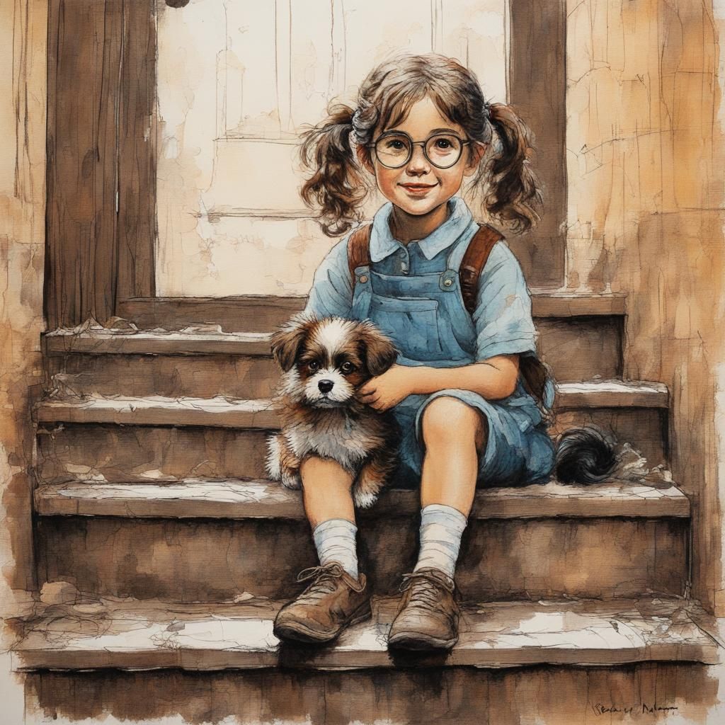 Girl with Puppy: Vintage Oil Painting Portrait