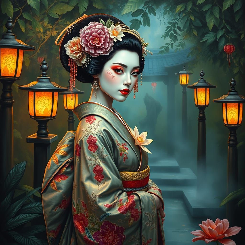 Bioluminescent Geisha in Temple Garden: Psychedelic Art