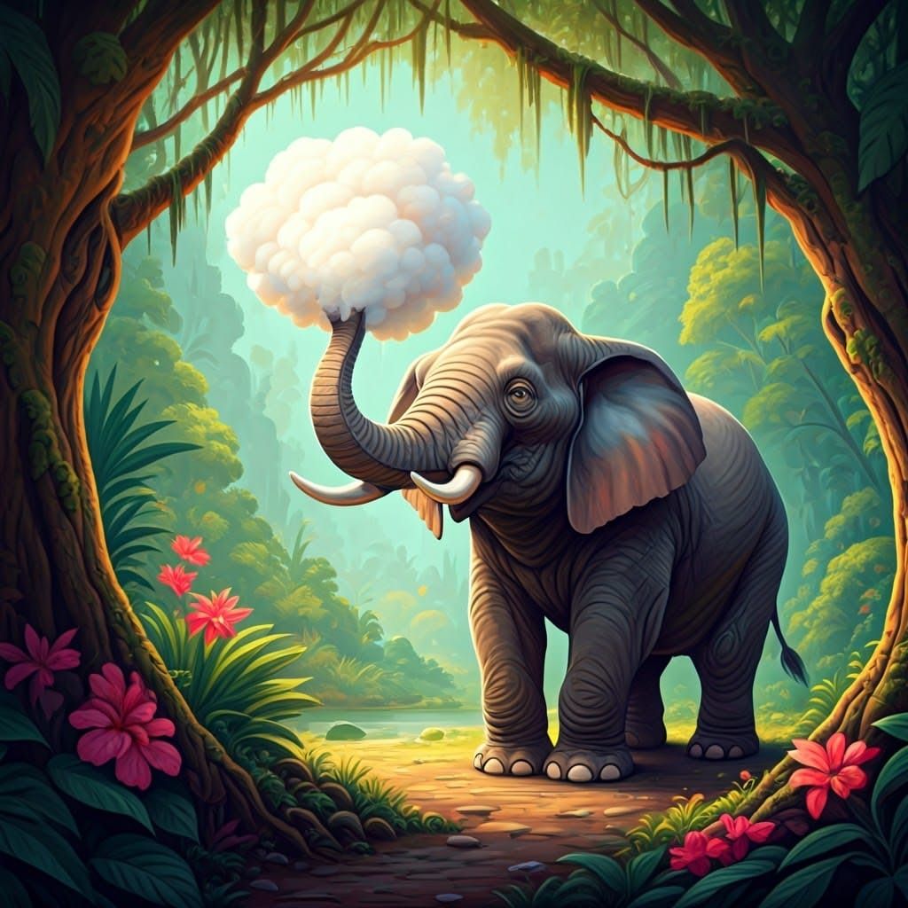 Whimsical Elephant's Cloudy Toot in Lush Jungle
