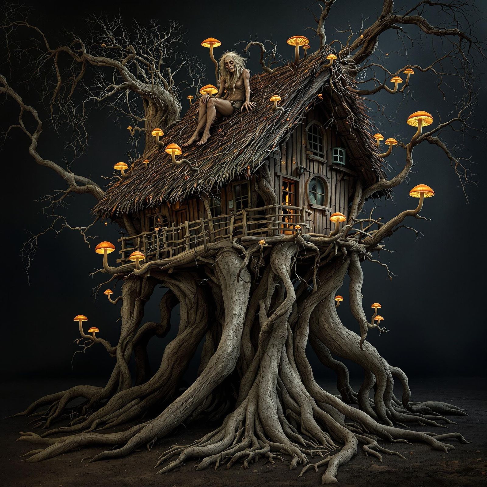 Surreal Baba Yaga Dwells in Twisted Treehouse Abode