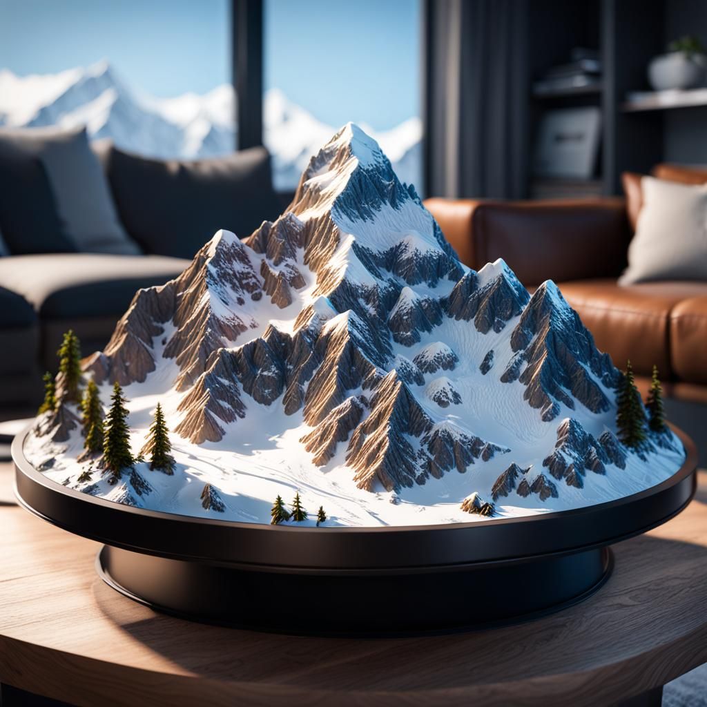 Miniature Mount Everest on Coffee Table: 3D Render