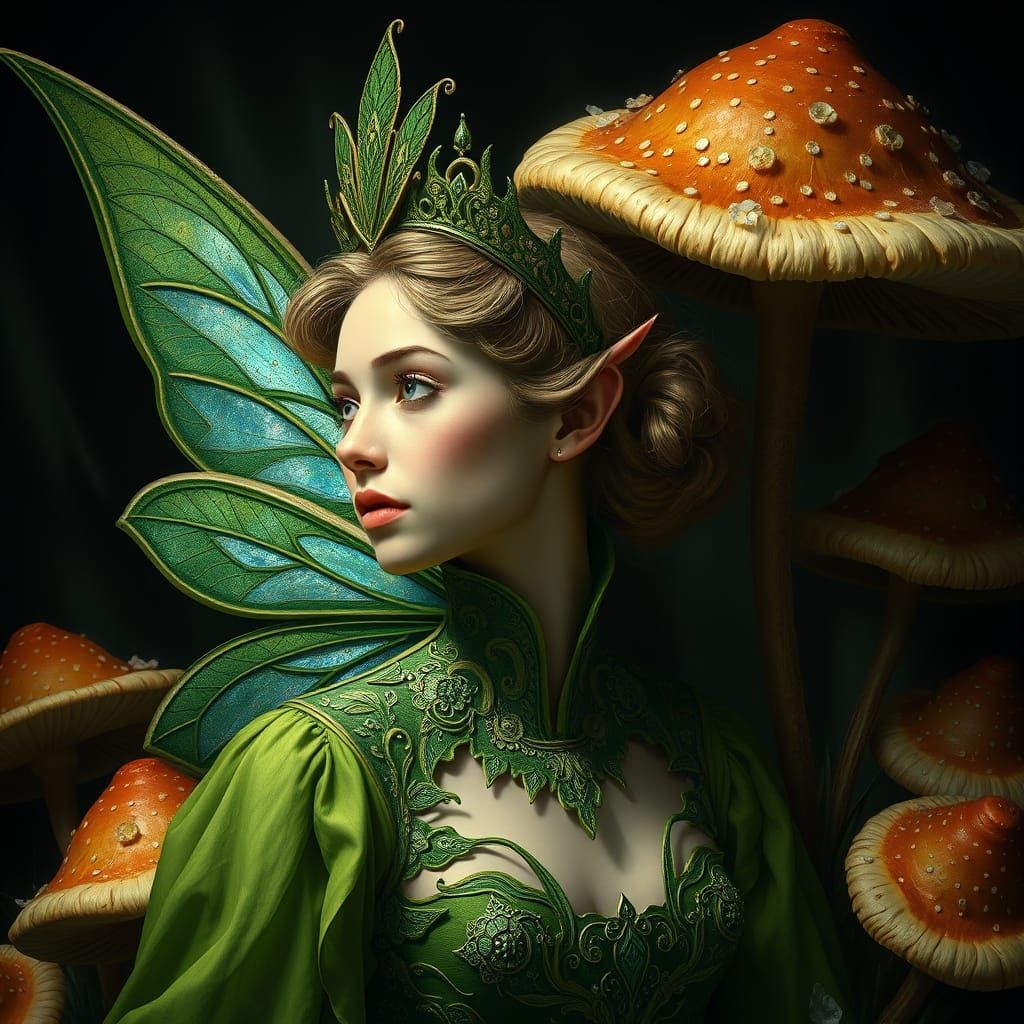 Fae Queen Amidst Vibrant Mushrooms in Hyperrealistic Style