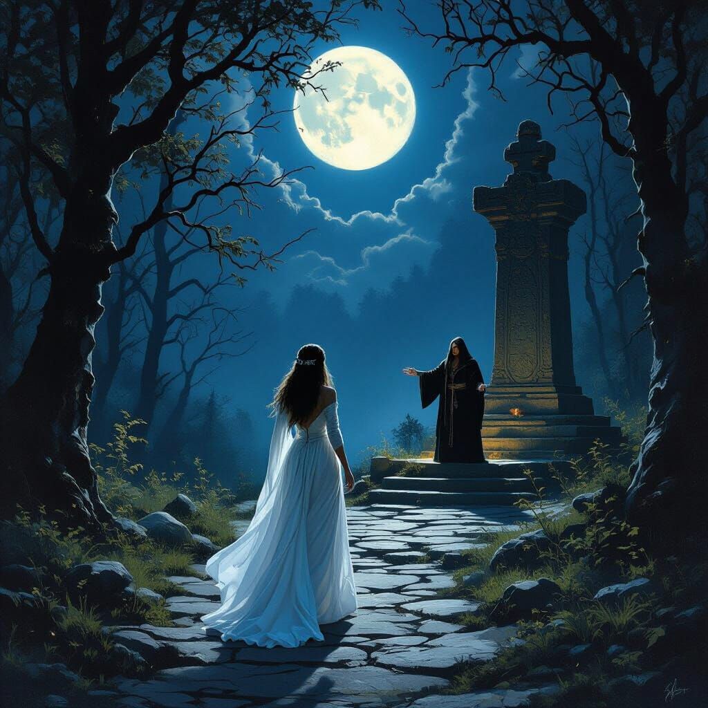 Moonlit Forest Path to Sacrificial Altar with Priest