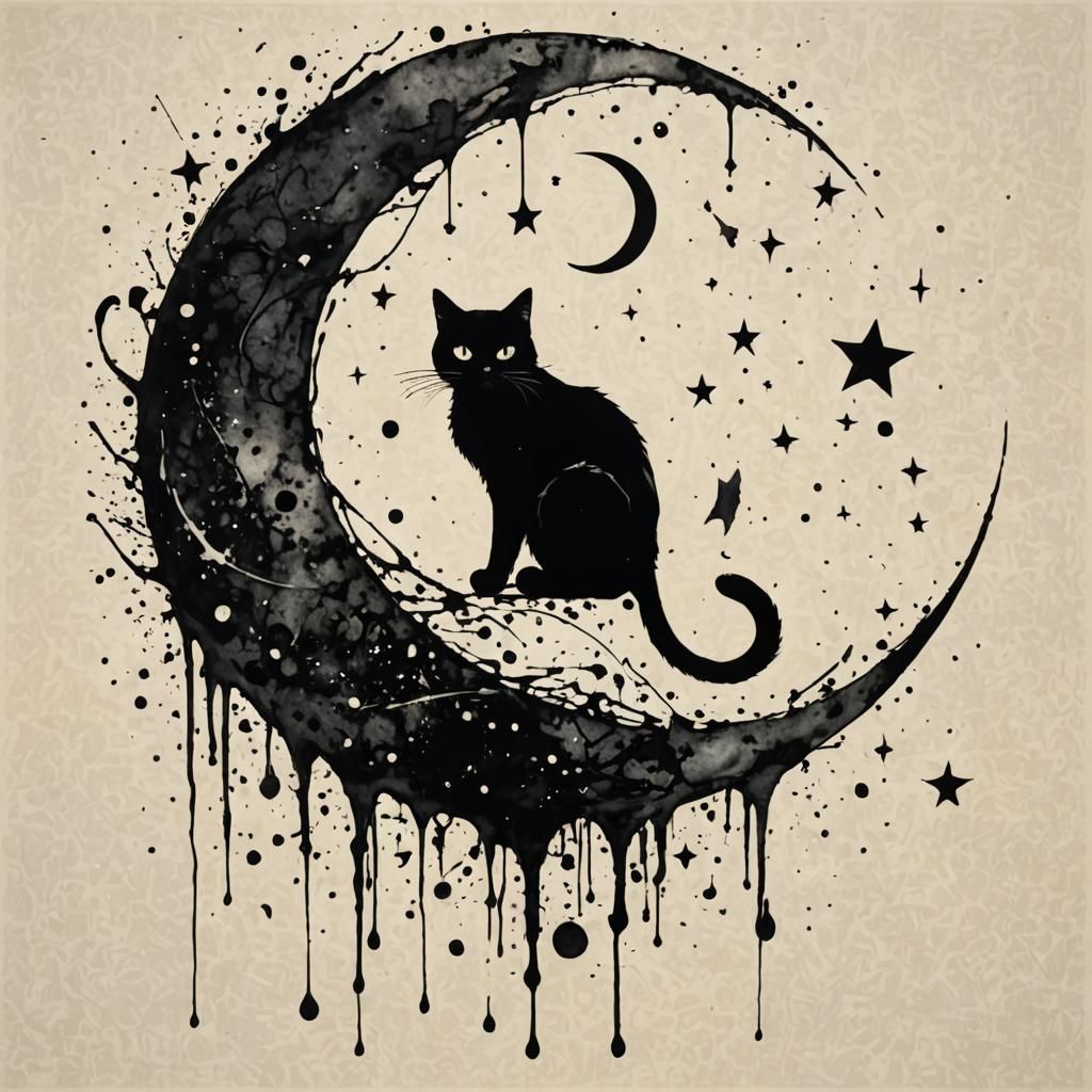 Black Cat on Crescent Moon in Ink Splatter Art