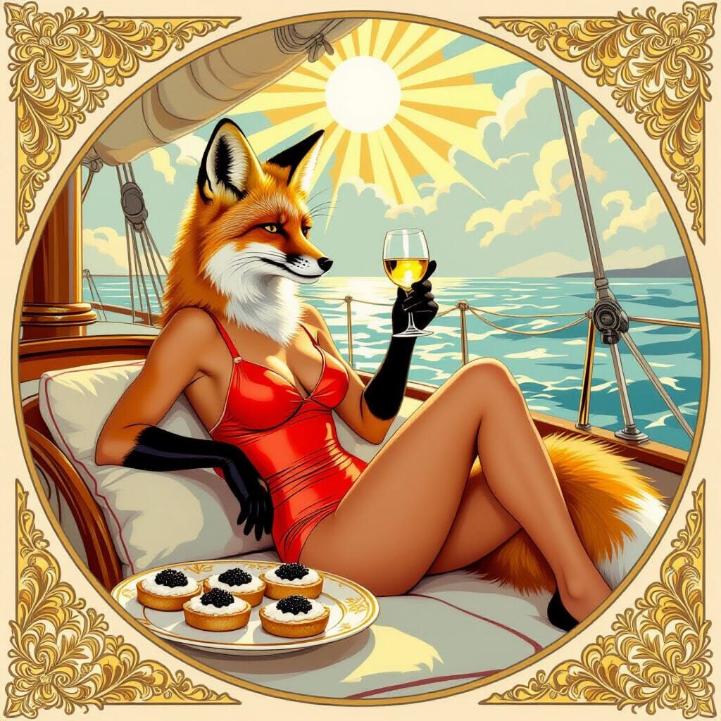 Fox Lounging on Sailboat in Art Nouveau Style