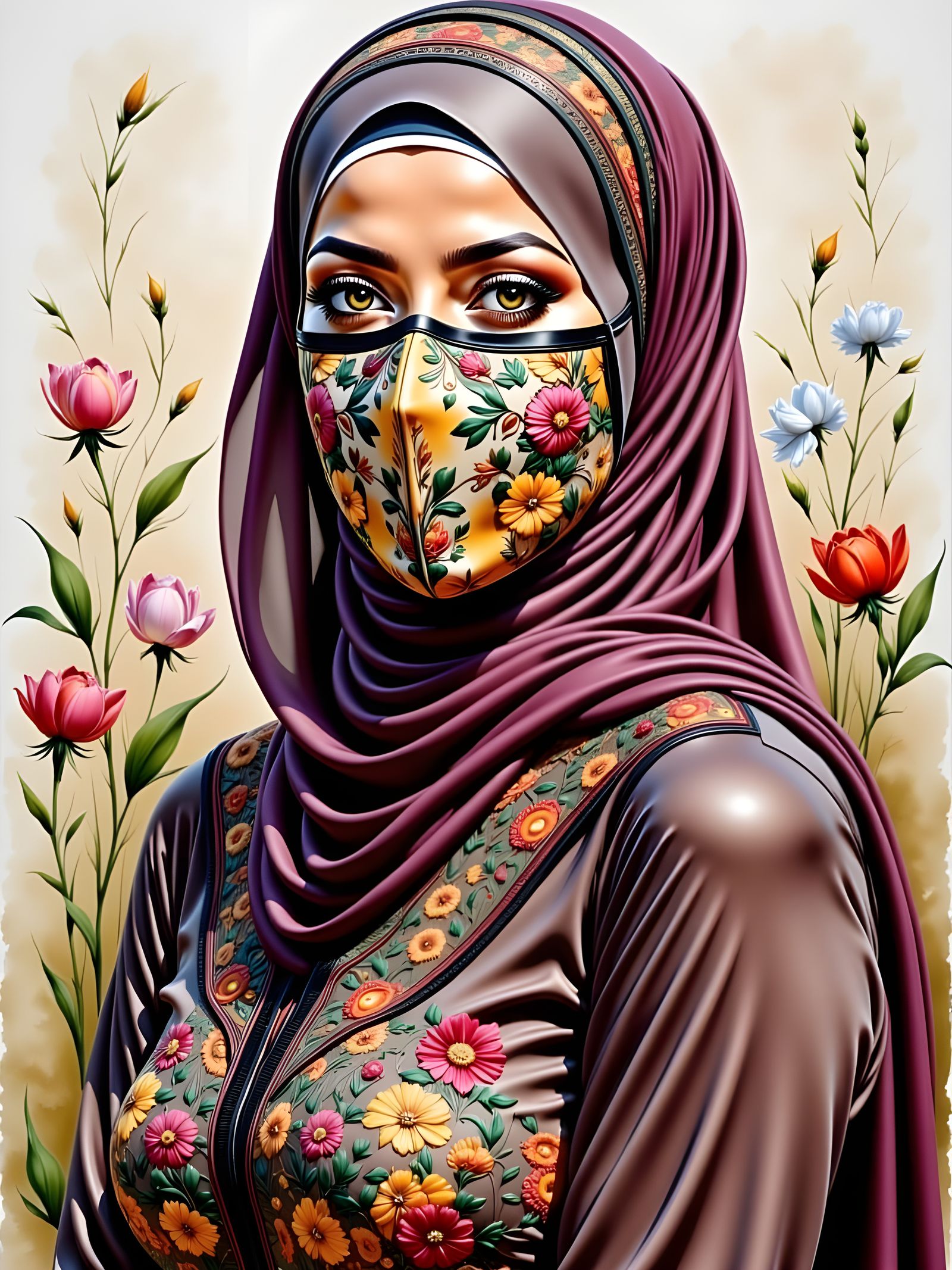 Beautiful Woman in Hijab, Detailed Oil-Guache Painting