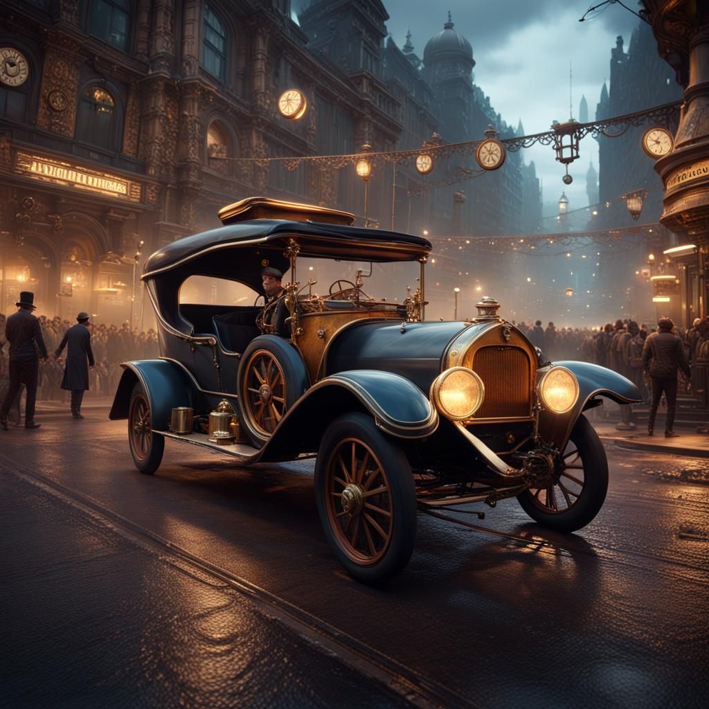 Steampunk Cars Racing at Night