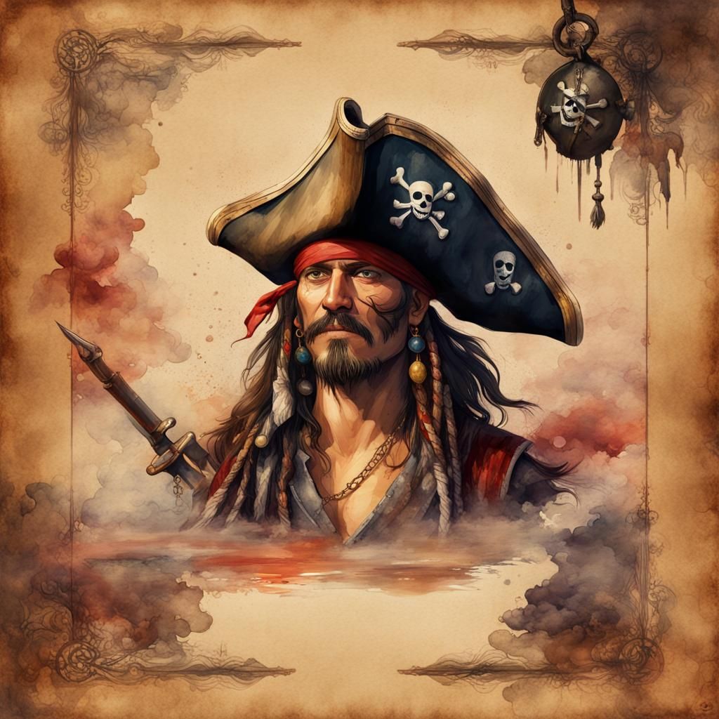 Pirate in Indian Outfit on Vintage Watercolor Background