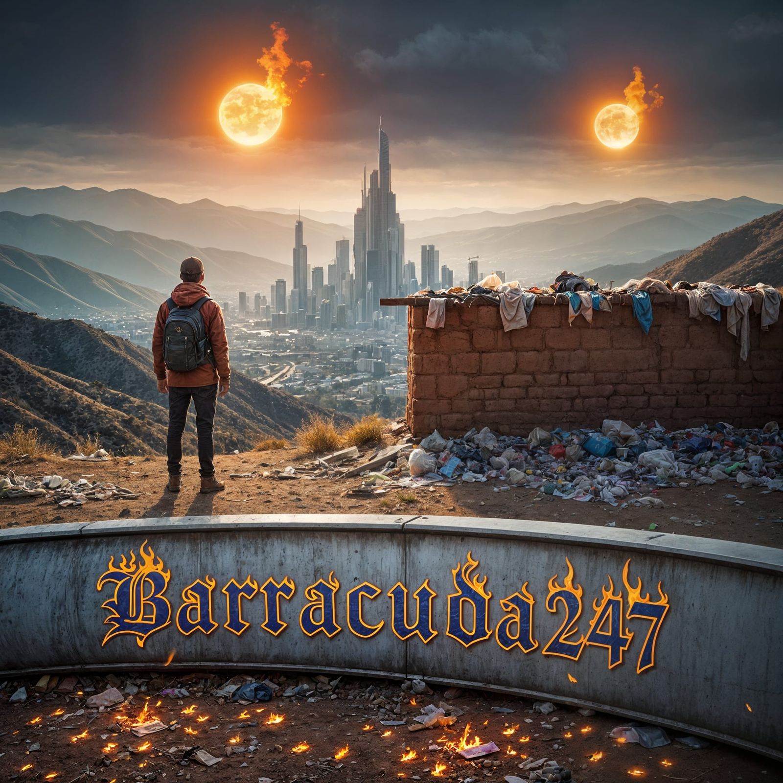 Futuristic Dystopian Cityscape Overlook with Blazing Suns