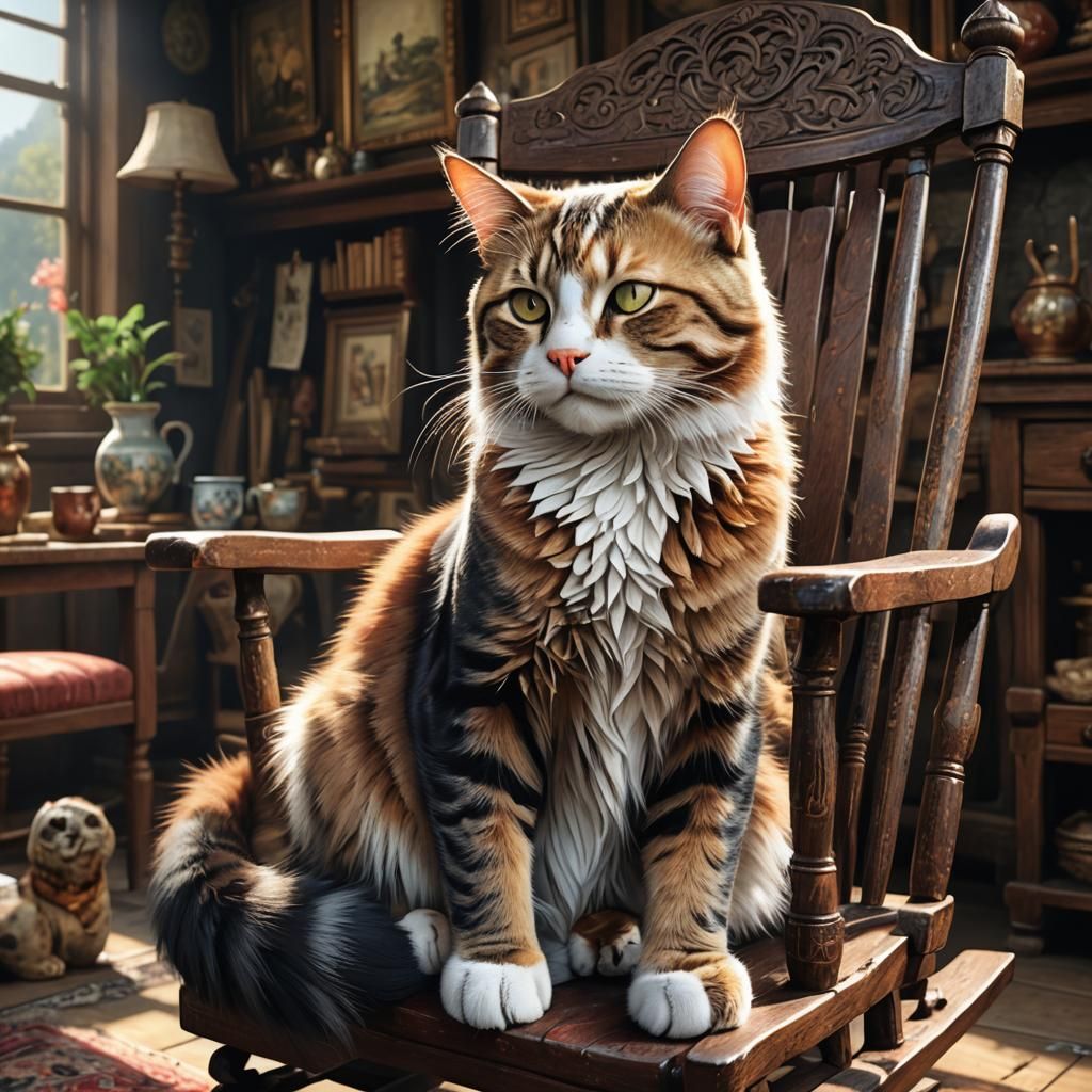 " a beautiful picturesque (meikun) cat, perfect anatomy.sleeping in a rocking chair in a country house opposite the hear...