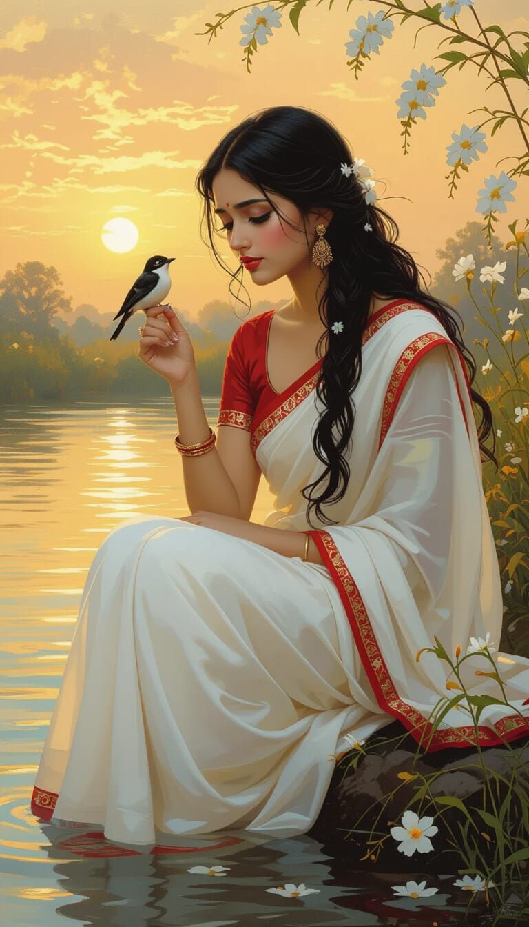 Melancholic Woman by River in Oil Painting Style