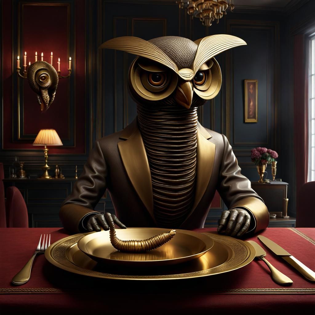 Surreal Owl-Man Dining on Metal Worm