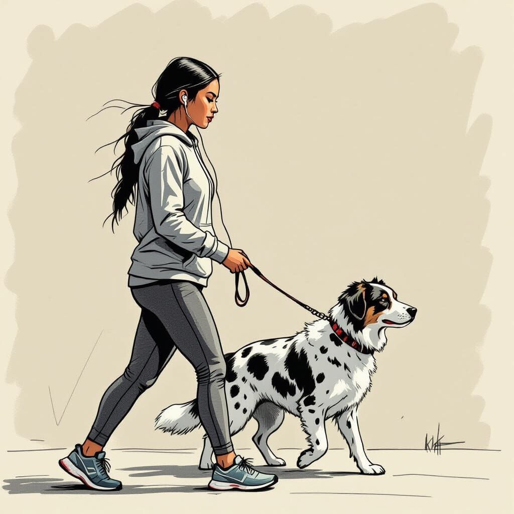 Native American Woman Walks Dog in Pencil Sketch Style