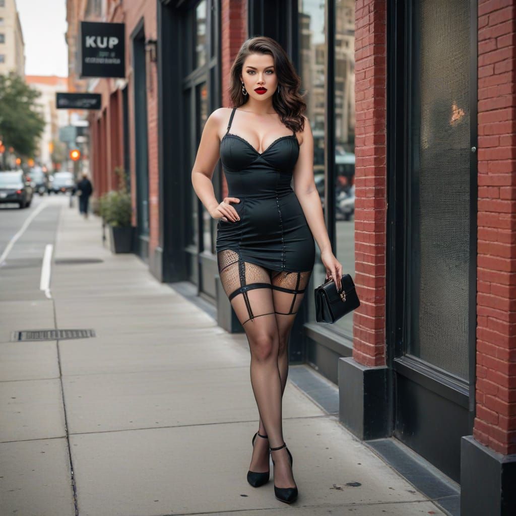 Pin-Up Model on City Sidewalk with Friend