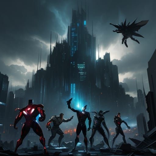 Avengers vs Justice League in Ruined Cityscape