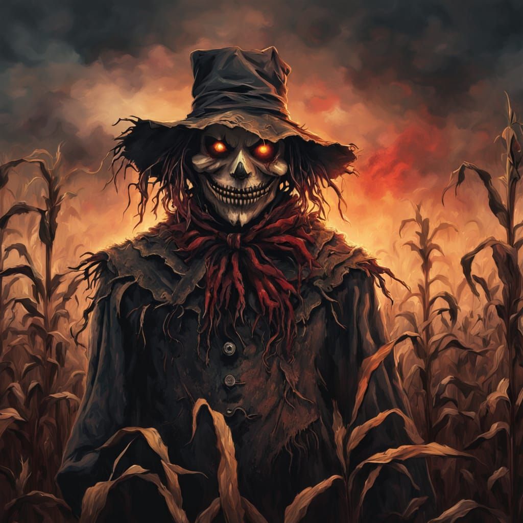 Ominous Scarecrow in Overgrown Cornfield: Dark Fantasy Art