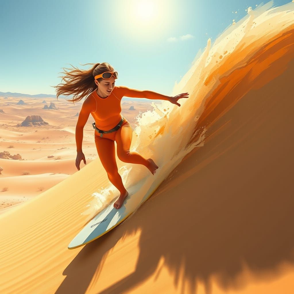 Surfer Rides Futuristic Sand Dune in Desert Landscape