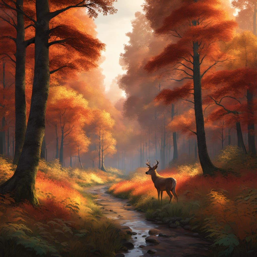 Impressionistic Autumn Forest Scene with Roe Deer