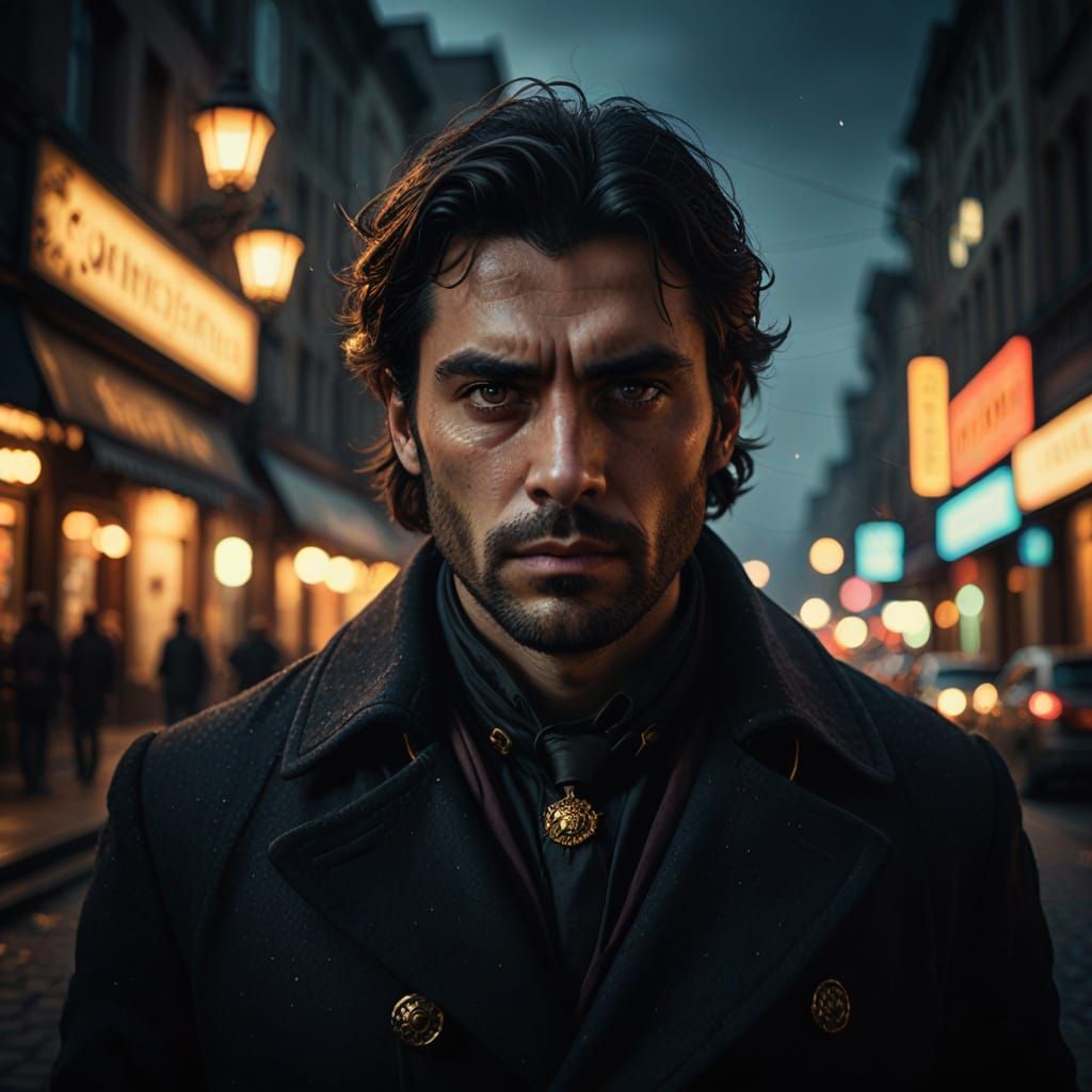 Brooding Man in Ornate Black Coat with Gold Buttons