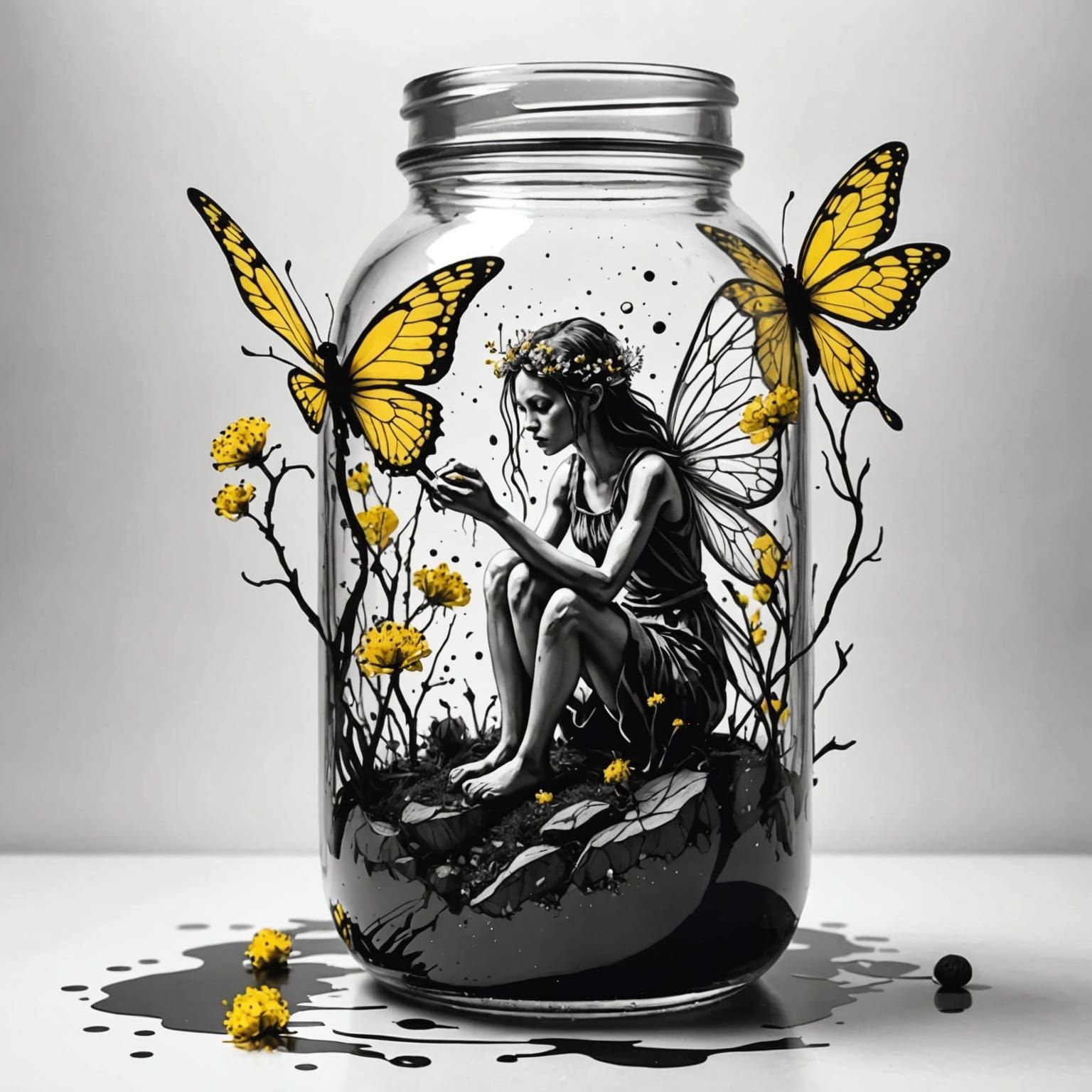 Fairy Trapped: Splash Ink Art with Floral Inspiration